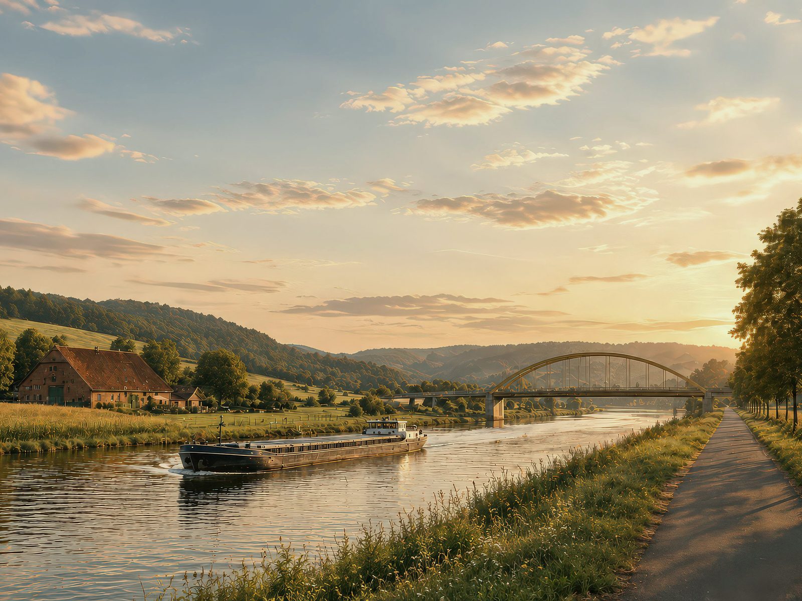 Frachtschiff auf dem Kanal im Tecklenburger Land bei Abendlicht